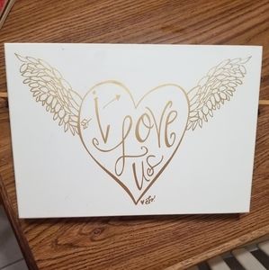 I Love Us Heart Gold Wings wooden board wall sign